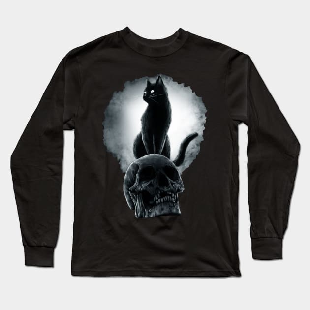 Black cat standing on a scary skull, Cats Rule Long Sleeve T-Shirt by stark.shop